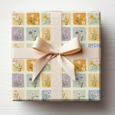 Elegant Floral Patterned Gift Wrap with Cream Ribbon