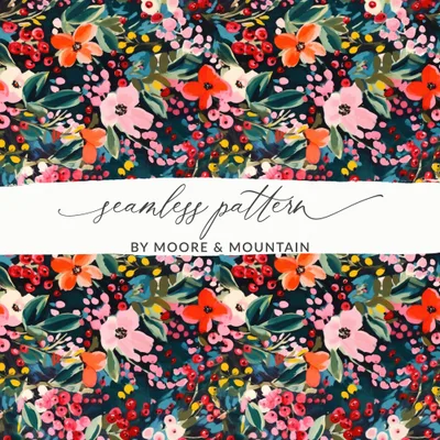 Floral Seamless Digital Paper, Botanical Pattern, Flowers and Berries, Fabric Design, Scrapbooking, Printable Digital File