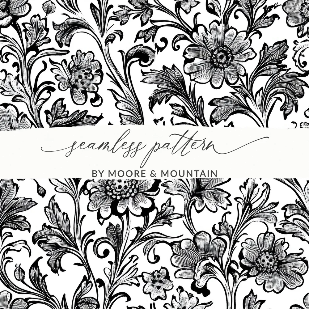 Floral Seamless Digital Pattern, Black and White Flower Background, Textile Design, Repeating Pattern Image, Digital Download, Scrapbook - Moore and Mountain