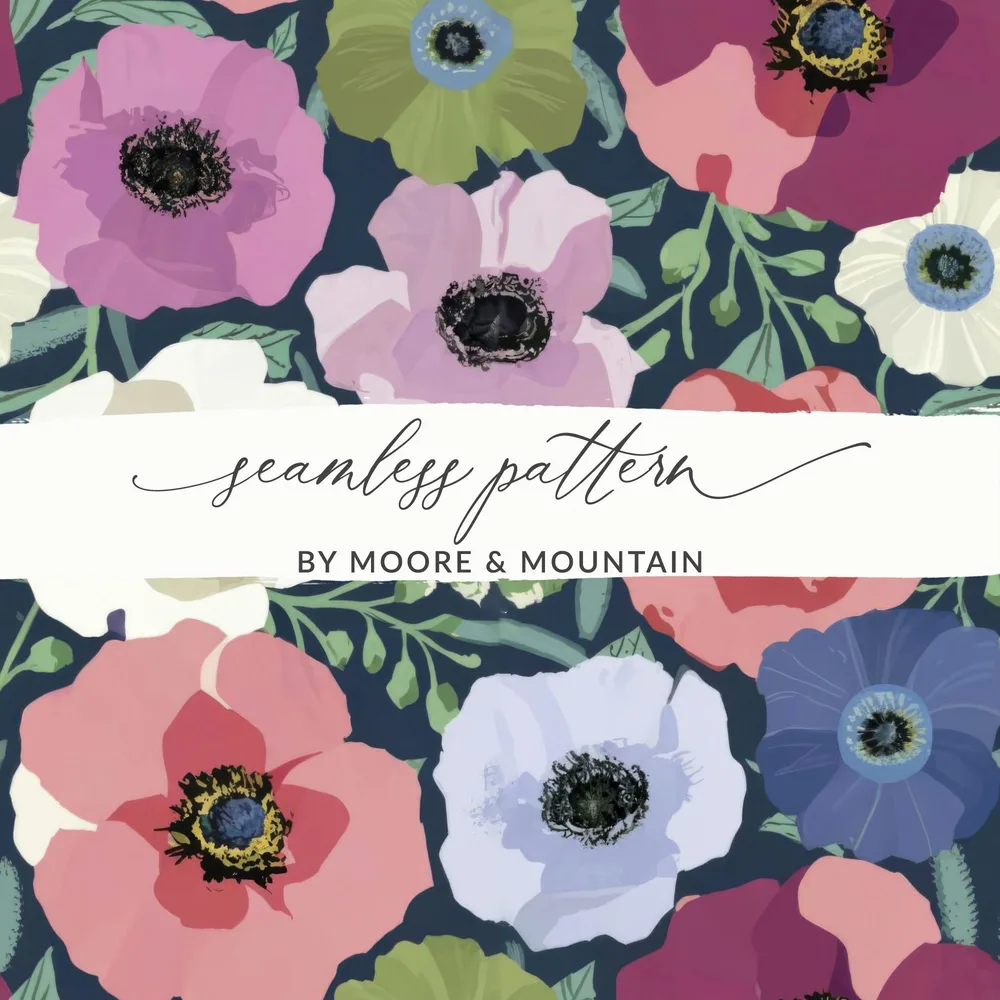 Floral Seamless Pattern, Anemone Flower, Digital Paper Pack, Fabric Design, Watercolor Style, Surface Pattern, Downloadable, Print Ready - Moore and Mountain