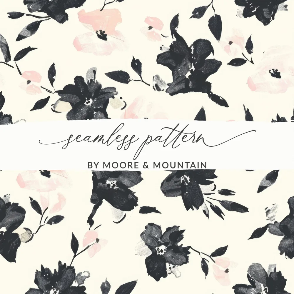Floral Seamless Pattern, Black Pink Flowers, Digital Paper, Fabric Print, Scrapbook Paper, Watercolor Style, Digital Download - Moore and Mountain