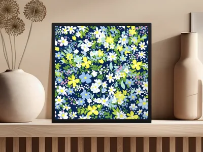 Floral Seamless Pattern Design for T-Shirt, Digital Print, Navy Background, White Yellow Blue Flowers, Fabric Design, DIY Crafts, Pretty - Moore and Mountain