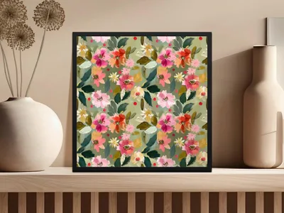 Ditsy Floral Seamless Pattern, Digital Download, Pink Red Flowers, Repeat Pattern, Fabric Design, Paper Print, Sage Green Floral - Moore and Mountain