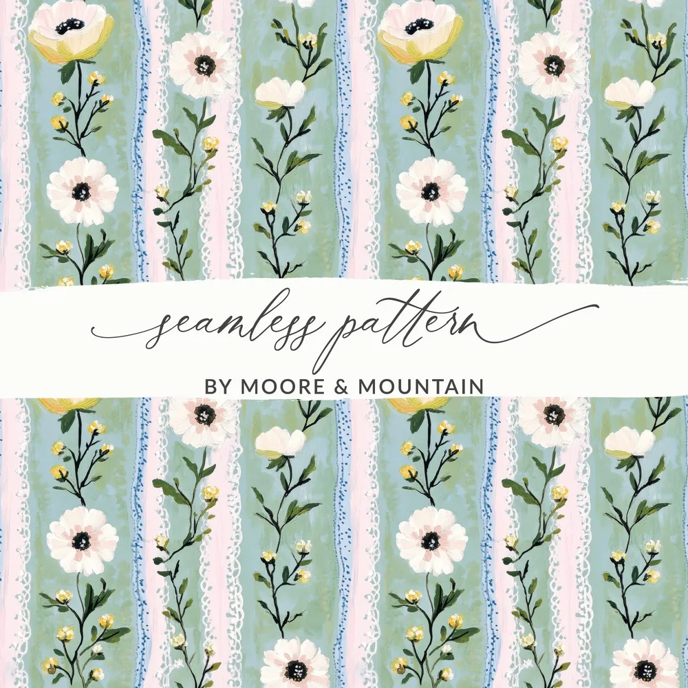 Floral Seamless Pattern Digital, Flower Print Paper Download, Anemone Fabric Design, Pink Lace Stripe Surface Pattern, Scrapbook Paper - Moore and Mountain