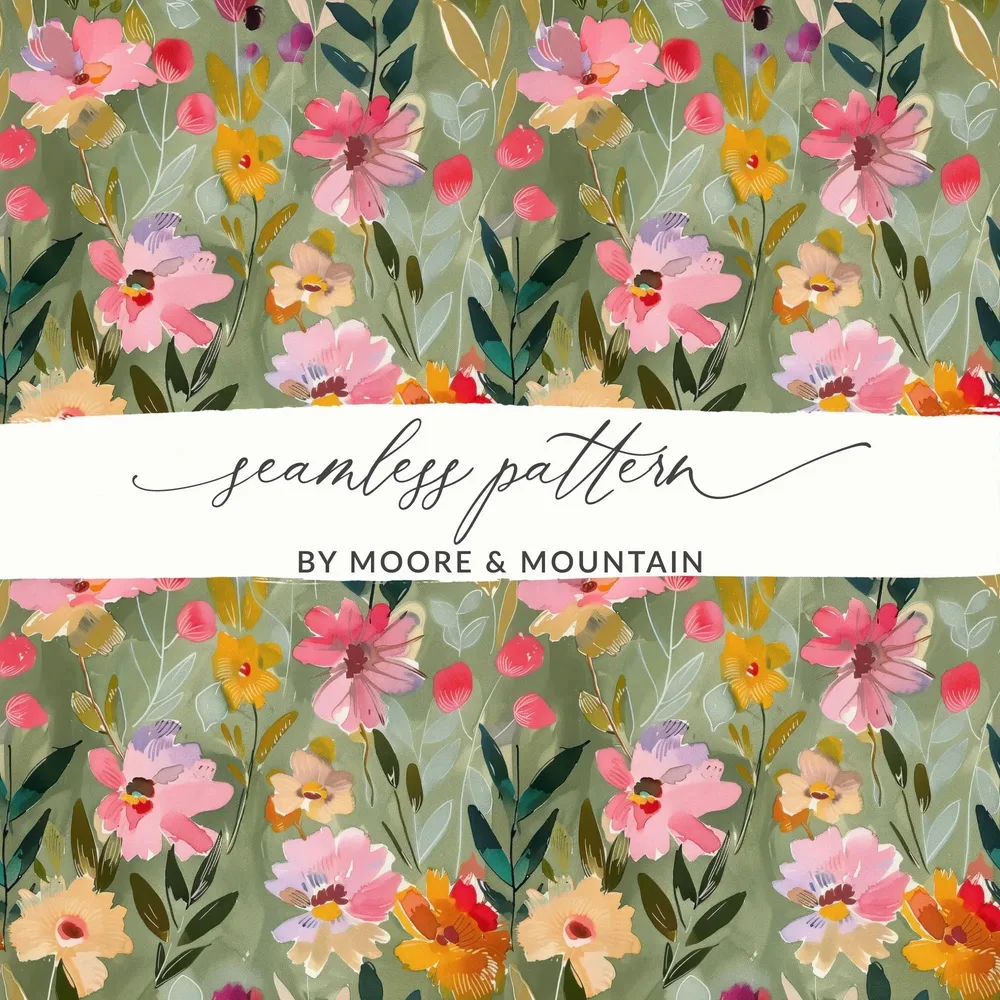 Floral Seamless Pattern Digital, Green Watercolor Flower Print, Fabric Design, Scrapbooking Paper, Spring Garden Digital Download - Moore and Mountain