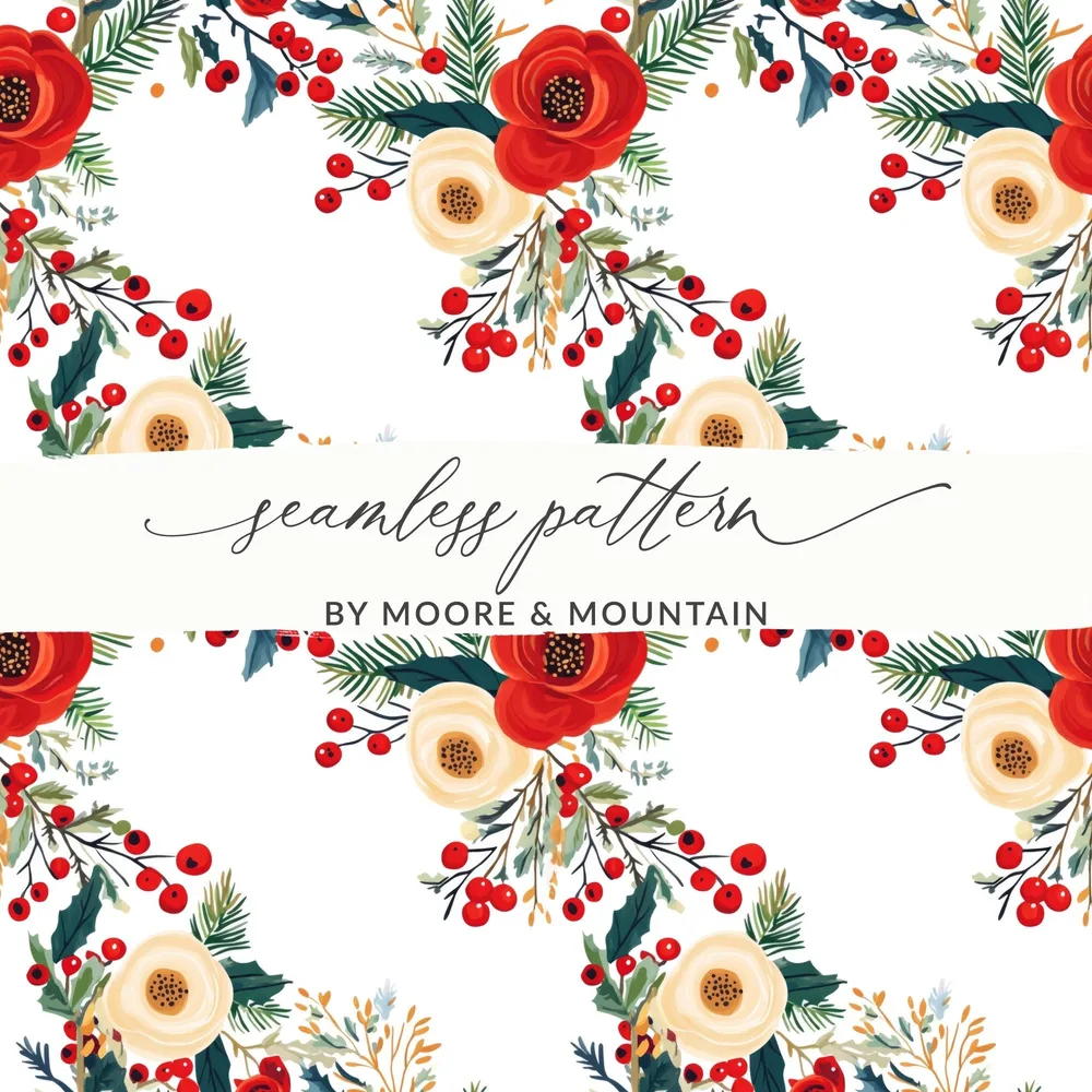 Floral Seamless Pattern Digital Paper, Christmas Flowers Print Fabric Design, Berries and Leaves Pattern, Rose Pattern, JPEG Download - Moore and Mountain