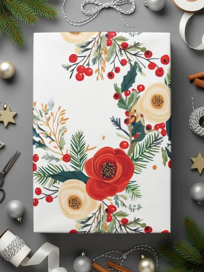 Floral Seamless Pattern Digital Paper, Christmas Flowers Print Fabric Design, Berries and Leaves Pattern, Rose Pattern, JPEG Download - Moore and Mountain
