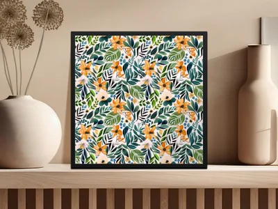 Ditsy Floral Seamless Pattern Digital Paper, Flower Design, Botanical Digital Download, Fabric Design, Scrapbooking Paper, Orange Green Print - Moore and Mountain