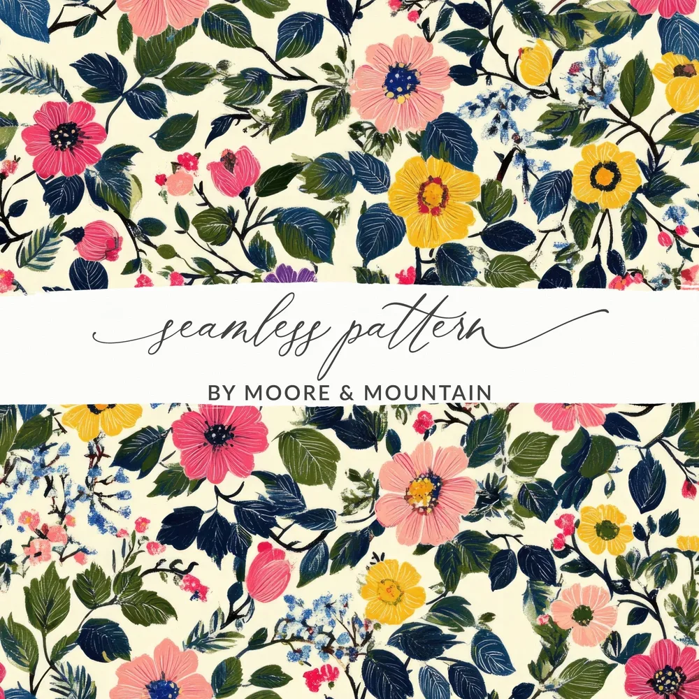 Floral Seamless Pattern, Digital Paper Pack, Flower Repeat Pattern, Pink Yellow Blue Floral Print, Fabric Pattern, Scrapbook Paper - Moore and Mountain