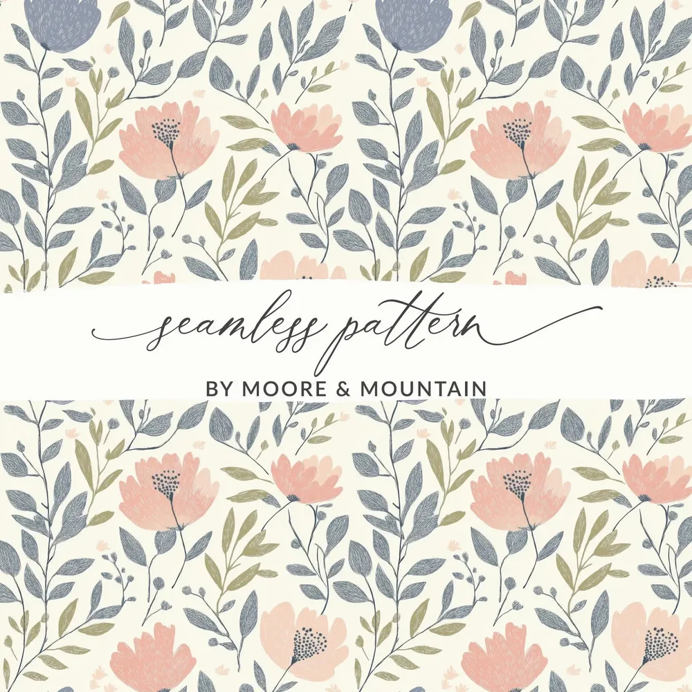 Floral Seamless Pattern, Digital Paper Pack, Flowers Leaves, Commercial Use, Print on Demand, 12x12 JPEG, Floral Digital - Moore and Mountain