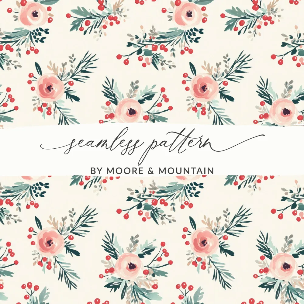 Floral Seamless Pattern Digital Paper, Rose Berries Pattern, Holiday Repeat Pattern, Watercolor Flower Background, Christmas Fabric Design - Moore and Mountain
