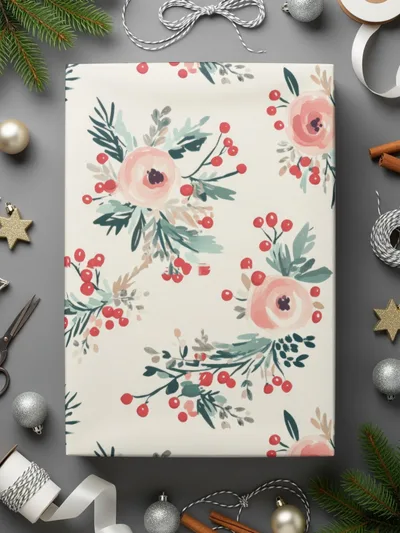 Floral Seamless Pattern Digital Paper, Rose Berries Pattern, Holiday Repeat Pattern, Watercolor Flower Background, Christmas Fabric Design - Moore and Mountain