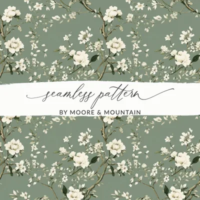 Floral Seamless Pattern, Digital Paper, Sage Green Background, White Flowers, Printable Fabric Design, Scrapbook Paper, 12x12 JPEG