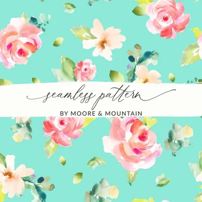 Floral Seamless Pattern Digital Paper, Watercolor Roses, Turquoise Background, Fabric Print, Scrapbooking Paper, Repeating Flower Digital