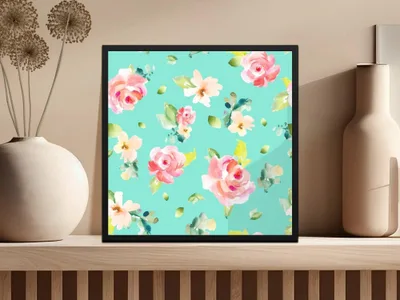 Floral Seamless Pattern Digital Paper, Watercolor Roses, Turquoise Background, Fabric Print, Scrapbooking Paper, Repeating Flower Digital - Moore and Mountain
