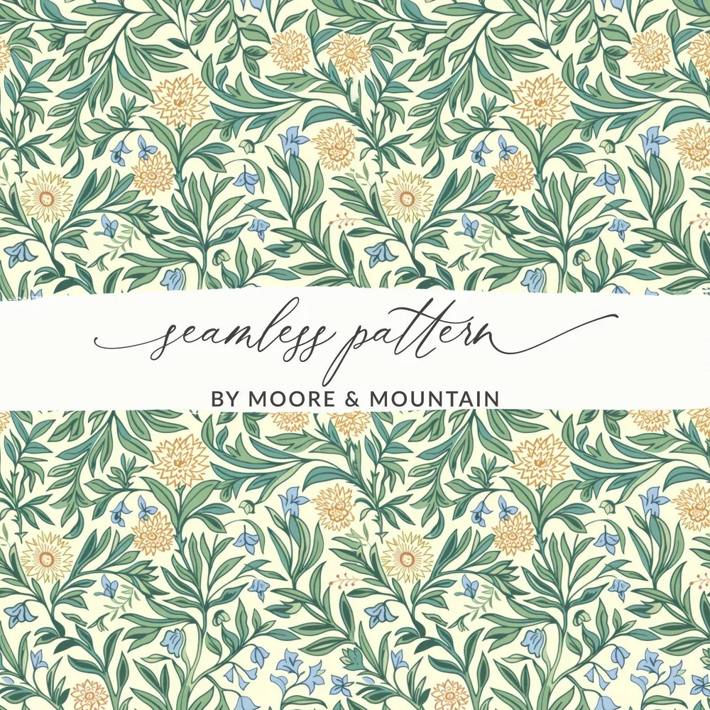 Floral Seamless Pattern Digital Paper, William Morris Style, Botanical Print, Flower Repeat Pattern, Fabric Design, Digital Download - Moore and Mountain