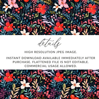 Floral Seamless Pattern Digital, Red Flowers Printable, Dark Floral Pattern, Berry Background Digital, Fabric Design Download - Moore and Mountain