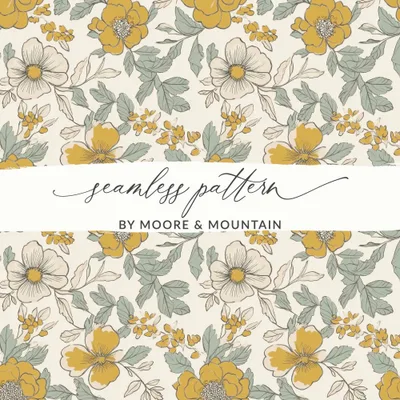 Floral Seamless Pattern, Mustard Yellow, Digital Paper, Commercial Use, Flower Design, 12x12 JPEG, Print On Demand, Scrapbooking