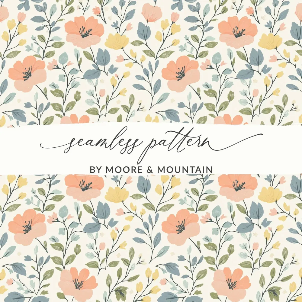 Floral Seamless Pattern, Peach, Yellow, and Green Flowers Digital Paper, Commercial Use, Print on Demand, Digital Download, Floral Design - Moore and Mountain