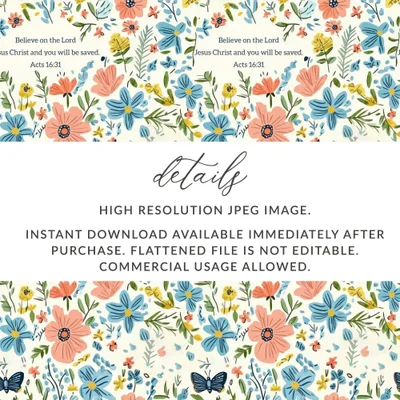 Floral Seamless Pattern, Religious Digital Paper, Butterfly Flower Pattern, Acts 16 31 Scripture, Commercial Use, Print on Demand, 12x12 - Moore and Mountain