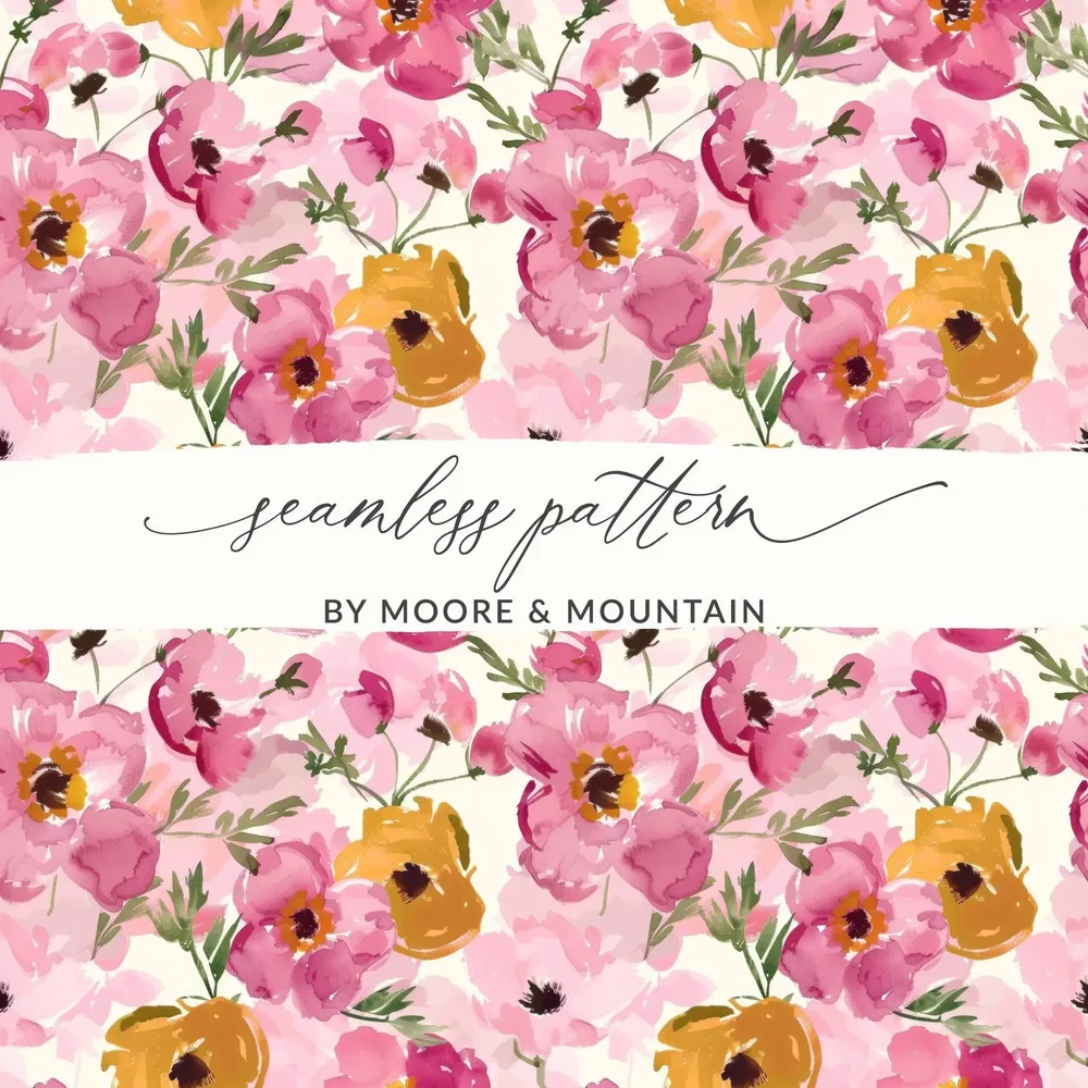 Floral Seamless Pattern, Watercolor Flower Digital Paper, Pink Yellow Blossom Design, Fabric Pattern Download, Scrapbook Paper - Moore and Mountain
