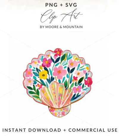 Watercolor seashell filled with colorful flowers and leaves.