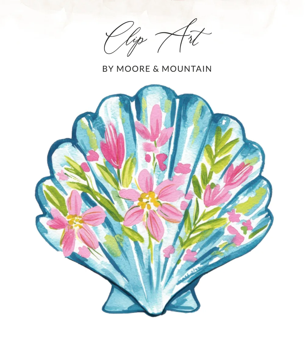 Blue seashell with pink flowers and green leaves, "Clip Art" text.