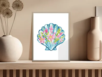 Watercolor painting of a blue seashell with pink and green flowers.