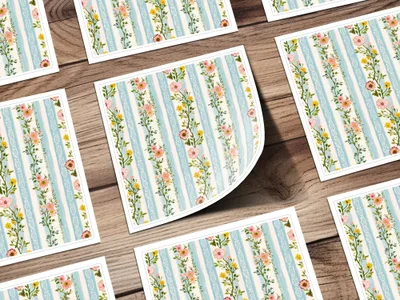 Floral Stripe Digital Paper, Seamless Flower Pattern, Blue Stripe Design, Pink Yellow Flowers, Digital Download, Scrapbooking Paper - Moore and Mountain