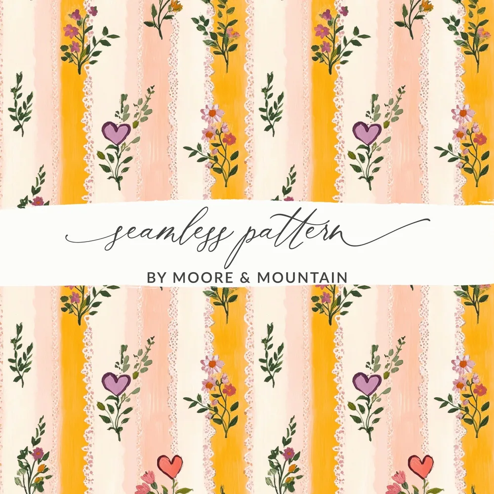Floral Stripes Digital Paper, Heart Flowers Pattern, Seamless Pattern for Fabric, Scrapbook Paper, Digital Download, Commercial Use - Moore and Mountain