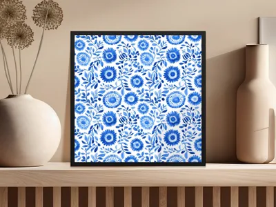 Floral Sunburst Painted Blue Flowers and Leaves Watercolor Seamless Pattern Digital - Moore and Mountain