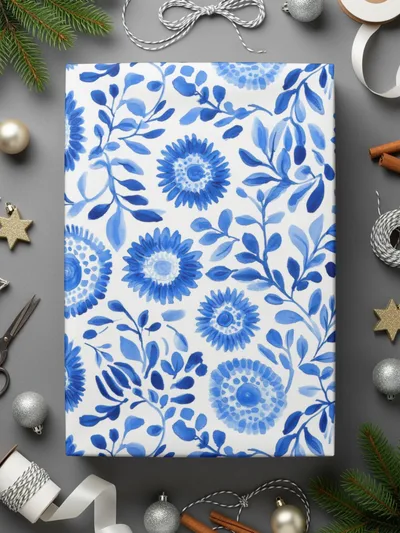 Floral Sunburst Painted Blue Flowers and Leaves Watercolor Seamless Pattern Digital - Moore and Mountain