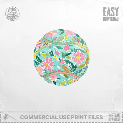 Watercolor tennis ball with floral pattern, "Easy Download" text.