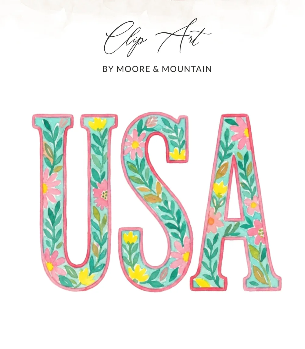 USA letters decorated with floral watercolor pattern.