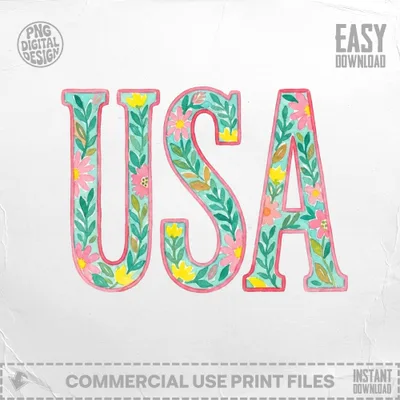USA lettering with floral watercolor pattern, easy download.