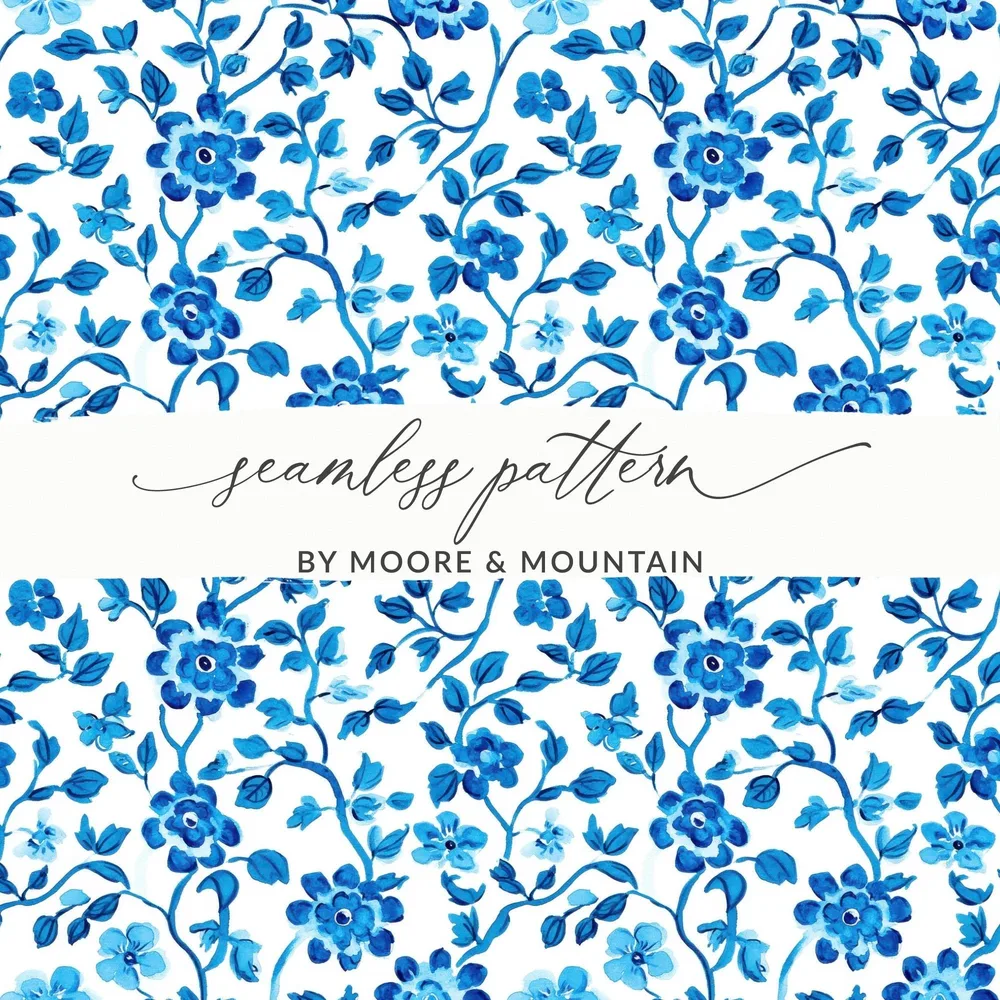 Floral Vines Watercolor Style Pattern Blue on White Digital - Moore and Mountain