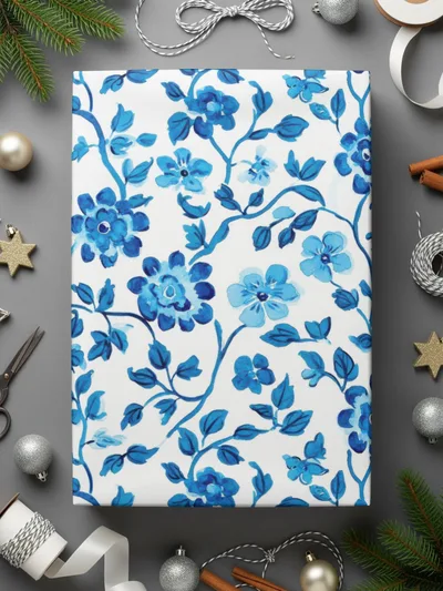 Floral Vines Watercolor Style Pattern Blue on White Digital - Moore and Mountain