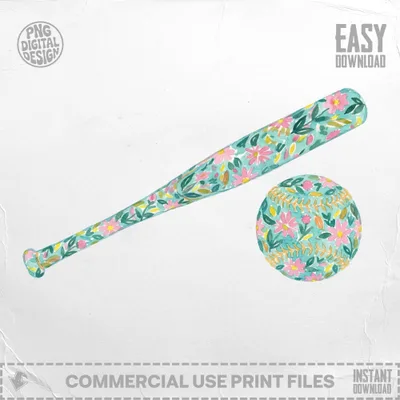 Watercolor baseball bat and ball with floral pattern, "Easy Download" and "Commercial Use Print Files" text.