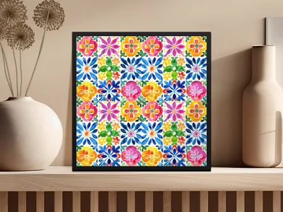 Floral Watercolor Seamless Pattern, Colorful Flower Tile Digital Paper Pack, Fabric Design Download, Mexican Talavera Floral, Digital