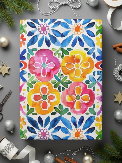 Floral Watercolor Seamless Pattern, Colorful Flower Tile Digital Paper Pack, Fabric Design Download, Mexican Talavera Floral, Digital