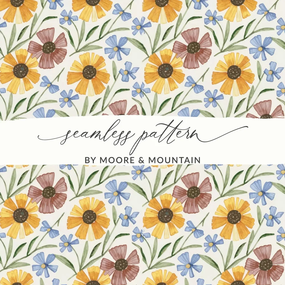 Ditsy Floral Watercolor Seamless Pattern, Sunflower Digital Paper, Flower Pattern Printable, Scrapbook Paper, Floral Fabric Design Digital - Moore and Mountain