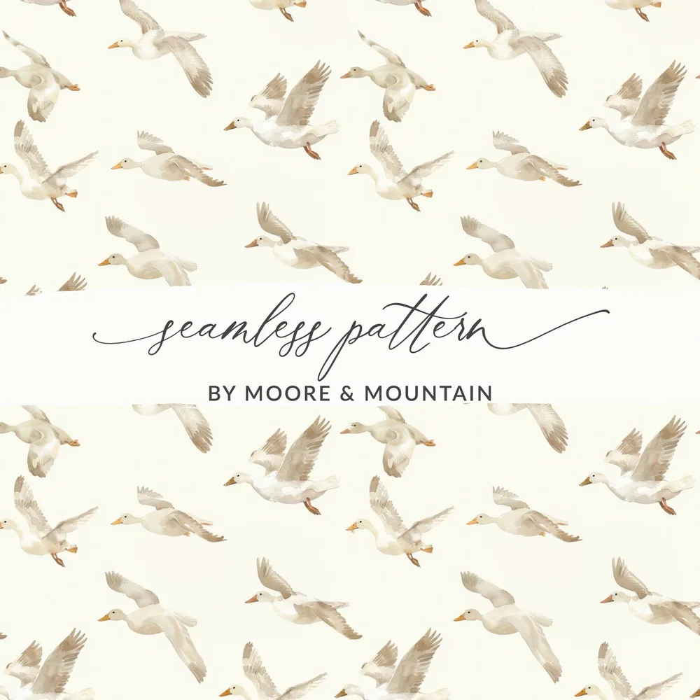 Flying Ducks Seamless Pattern, Digital Paper, Watercolor Ducks, Goose Print, Bird Repeat Pattern, Printable Fabric, Backgrounds Digital - Moore and Mountain
