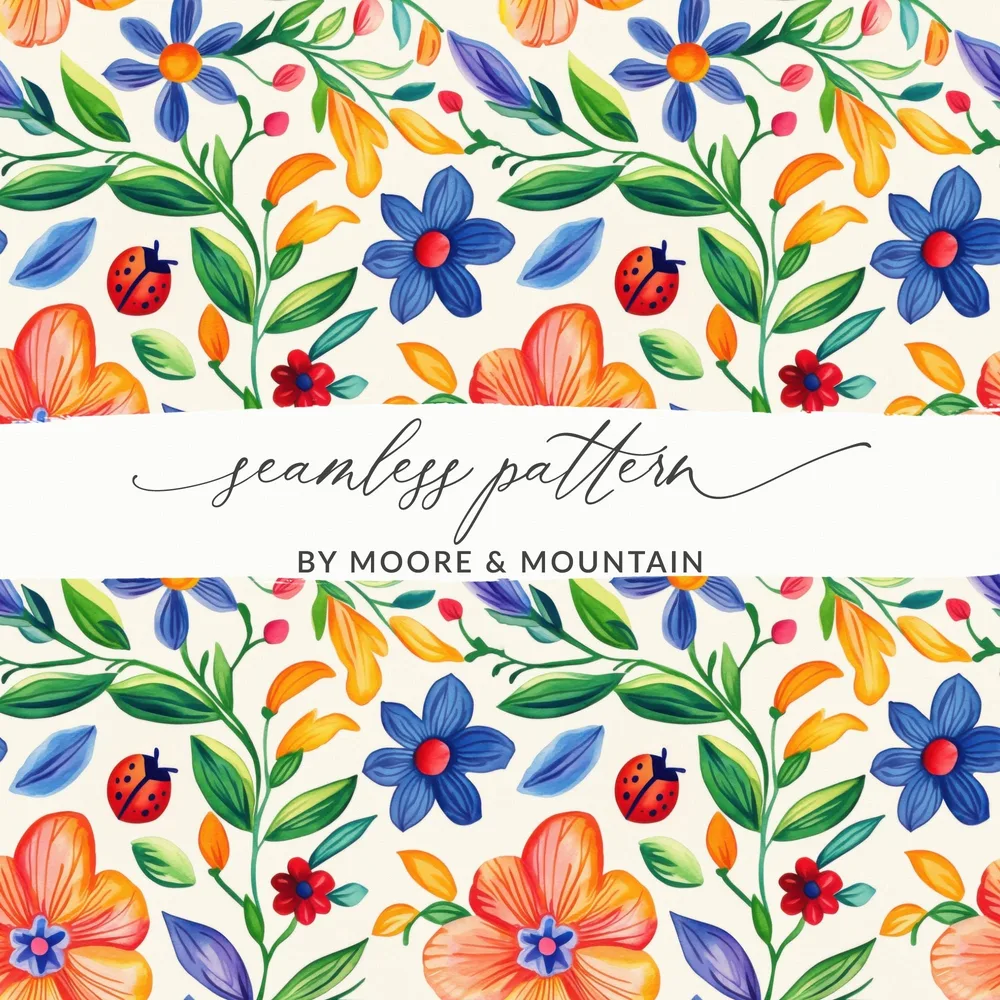 Folk Art Mexican Floral Pattern Colorful Garden Flowers & Ladybugs Seamless Pattern Digital Download - Moore and Mountain