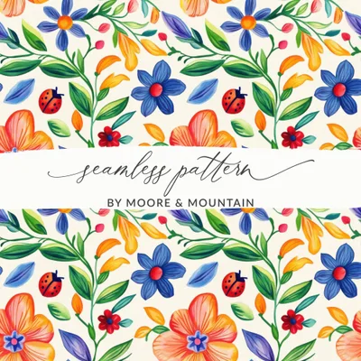 Folk Art Mexican Floral Pattern Colorful Garden Flowers & Ladybugs Seamless Pattern Digital Download
