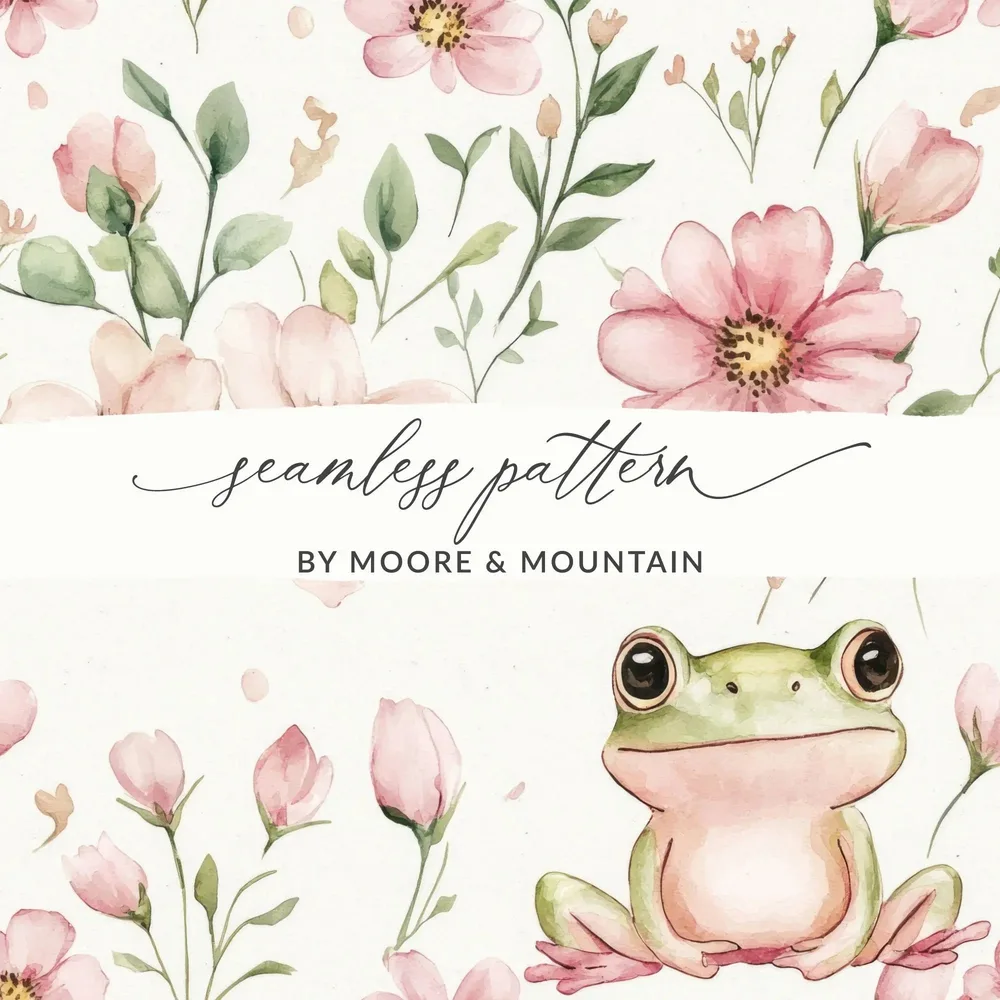 Frog and Flowers Digital Seamless Pattern, Watercolor Floral Froggy Design, Printable Fabric, Digital Download for Commercial Use - Moore and Mountain