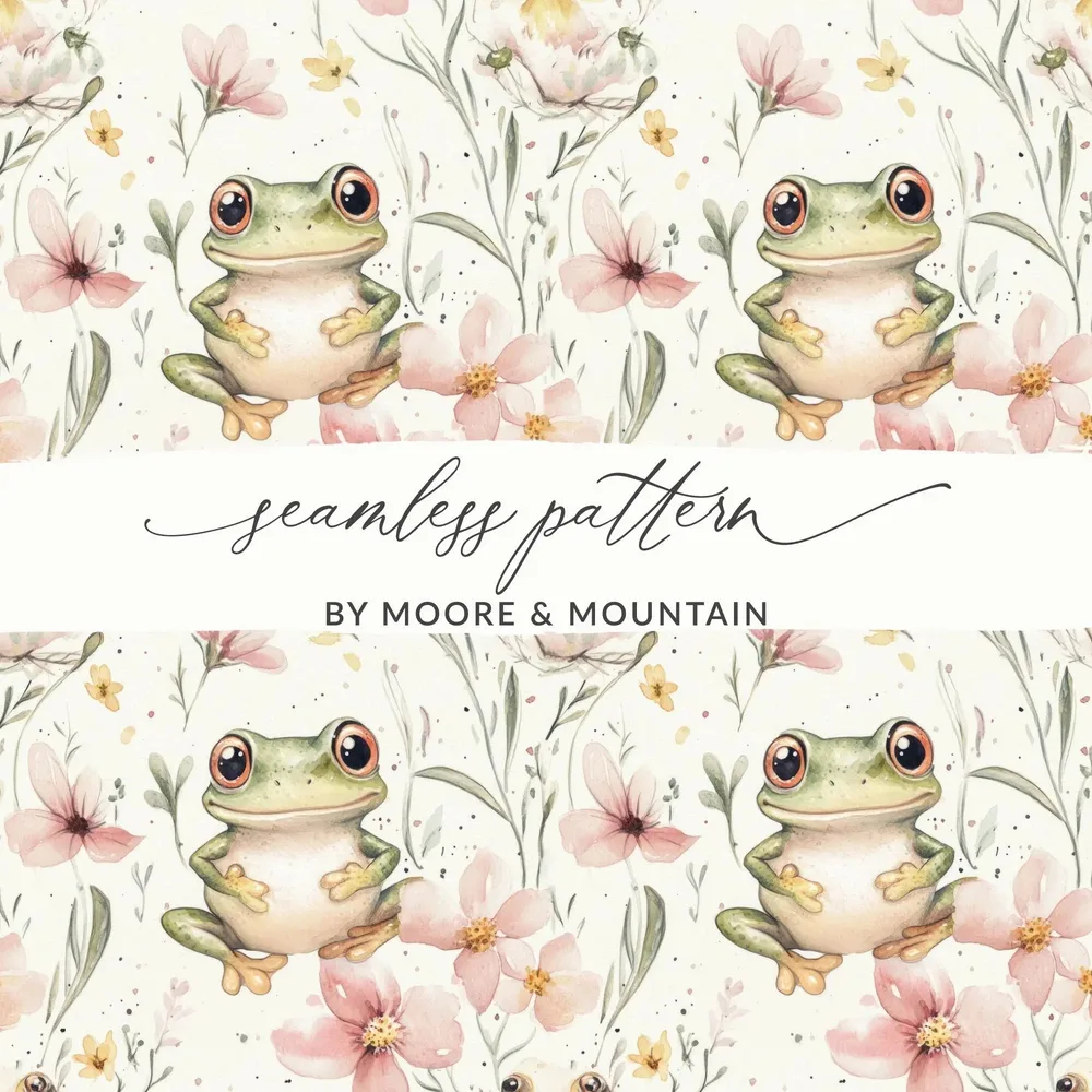 Frog Seamless Pattern, Watercolor Floral Digital Paper, Repeating Froggy Design, Cute Frog Artwork, Flower Background, Digital - Moore and Mountain