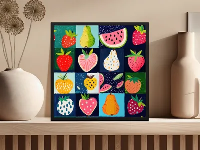 Colorful Fruit Illustration on Blocks Wall Art Decor