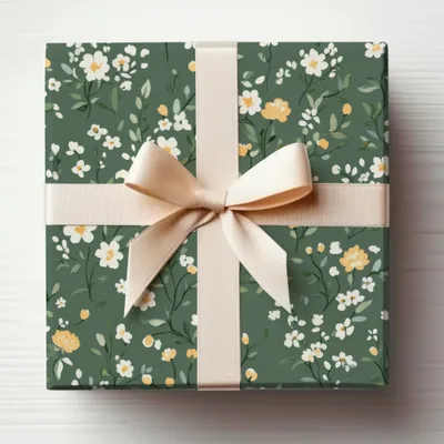 Floral Patterned Green Wrapping Paper with Bow Design
