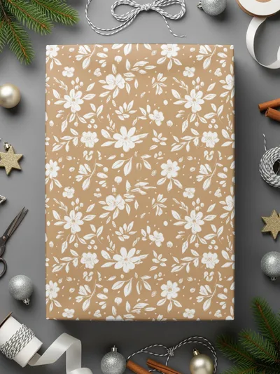 Elegant Floral Patterned Tan Christmas Gift Wrap