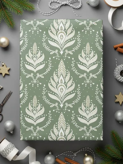 Elegant Floral Green Holiday Gift Wrapping Paper